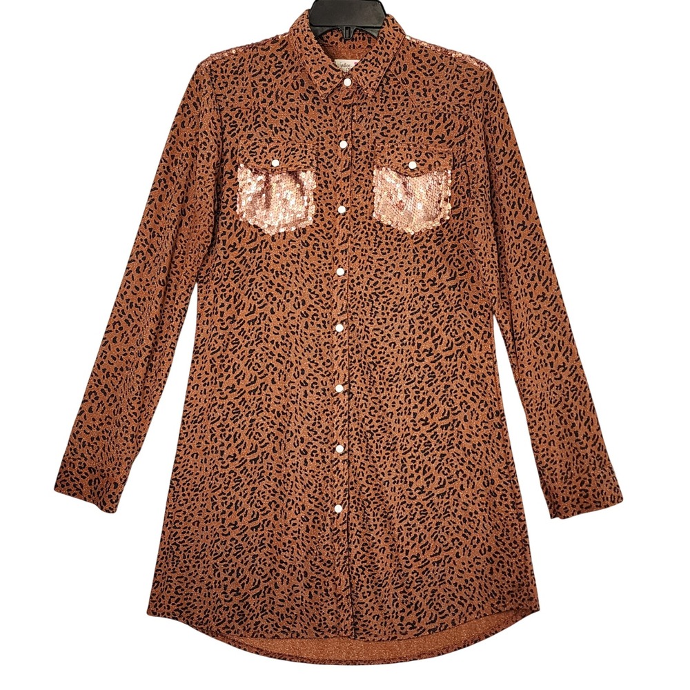 Southern Fried Chics Button Shirt Dress Medium Brown Leopard Sequin Western Glam